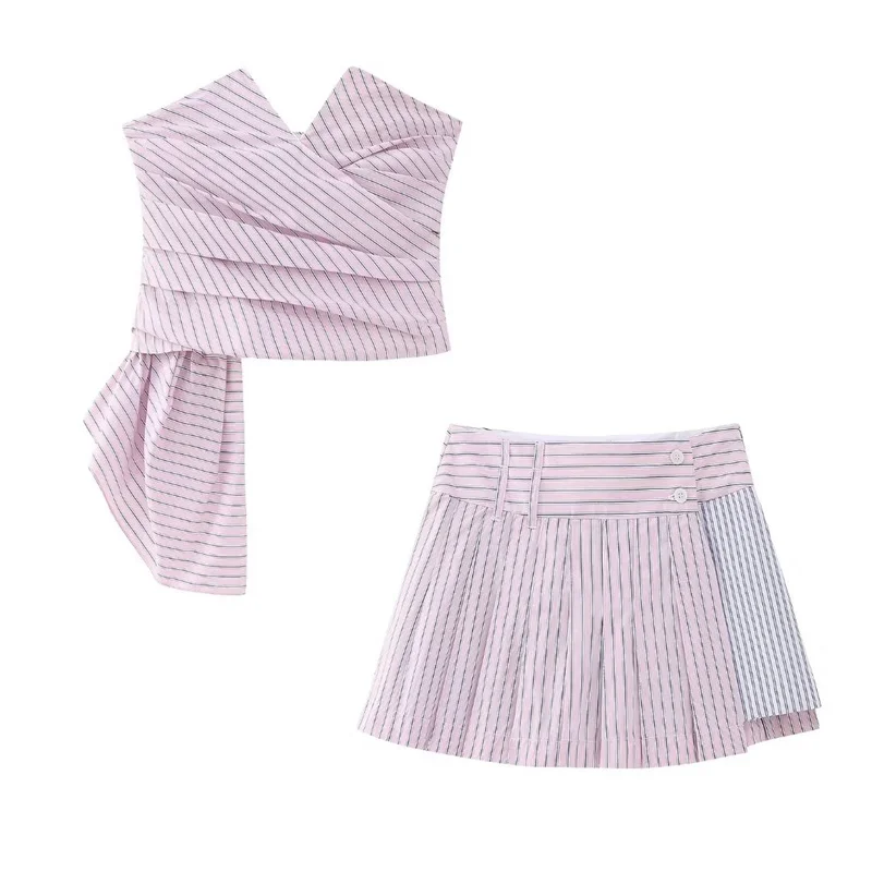 

Женский комплект из бюстгальтера и мини-юбки, Модный повседневный комплект в полоску и в стиле пэчворк, привлекательный универсальный топ и элегантная мини-юбка, Новинка лета 20203