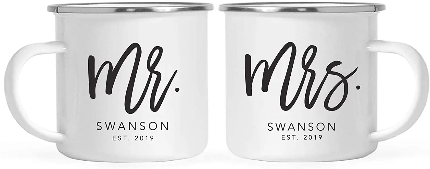 

Personalized Stainless Steel Campfire Coffee Mugs Gift Set, Mr. Mrs. Johnson Est. 2022 2-Pack, Metal Enamel Campfire Camp Cup