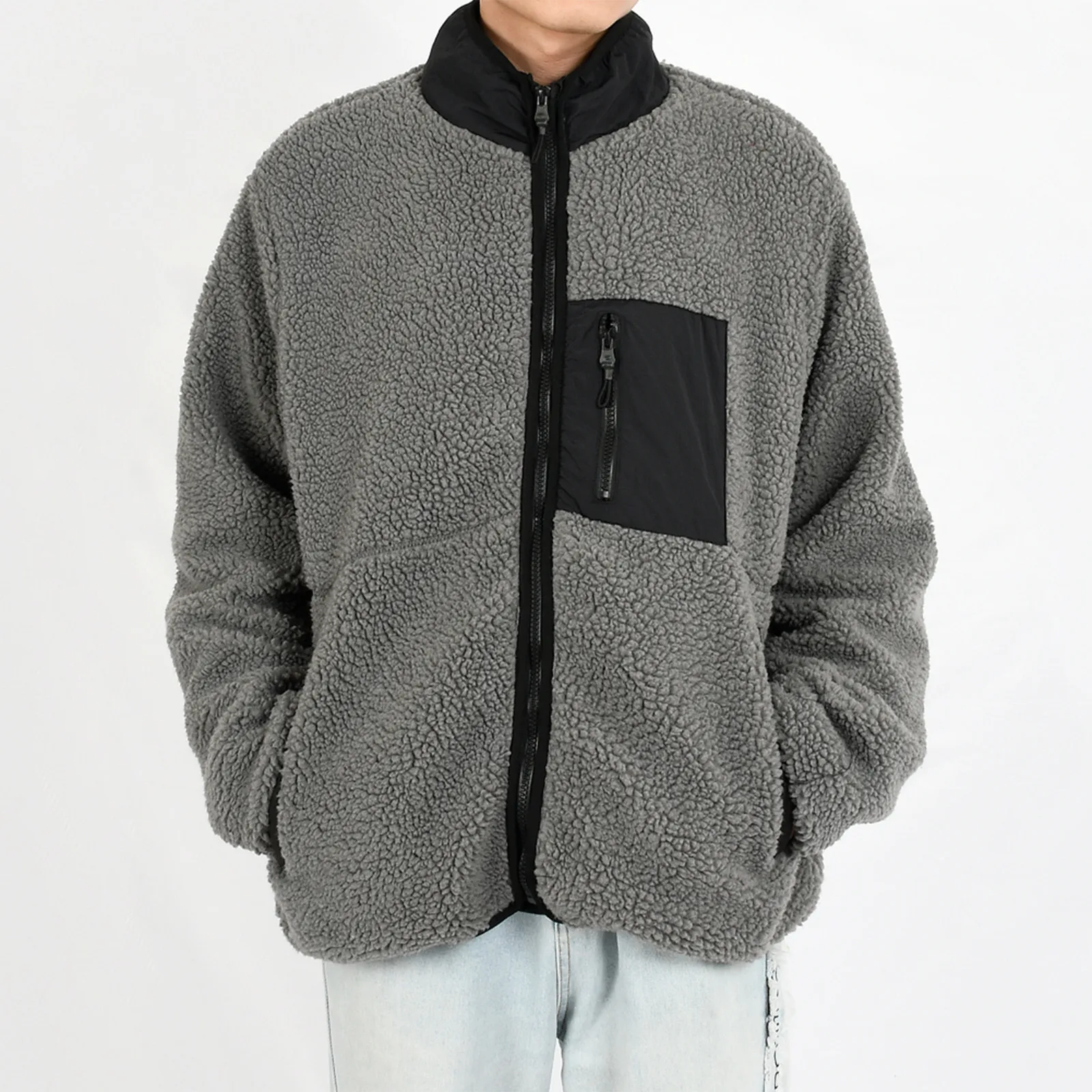 Мужская осенняя куртка из овечьей шерсти свободная в стиле пэчворк цветная