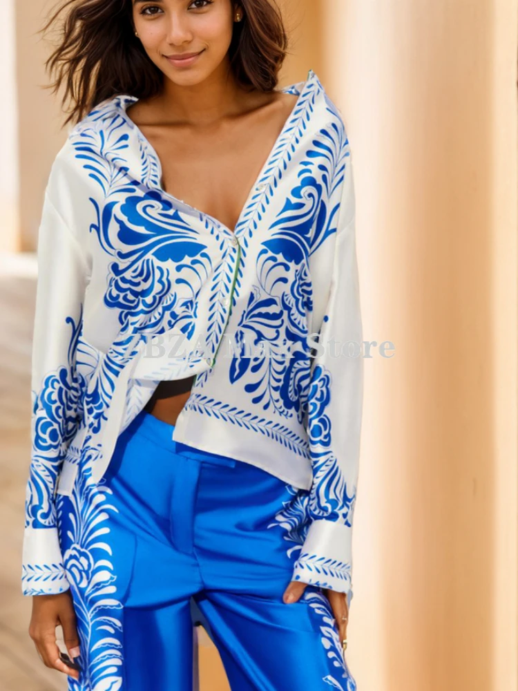 Zbza Женская Атласная Рубашка С Принтом И Широкие Брюки Комплект Высокой Талией