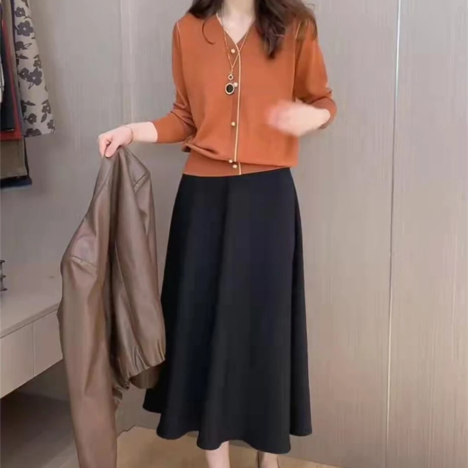 

Women 2023 Autumn Winter Fashion Suits V-neck Knitted Cardigan Coats Female Loose A-line Skirts Ladies Two Piece Sets C177