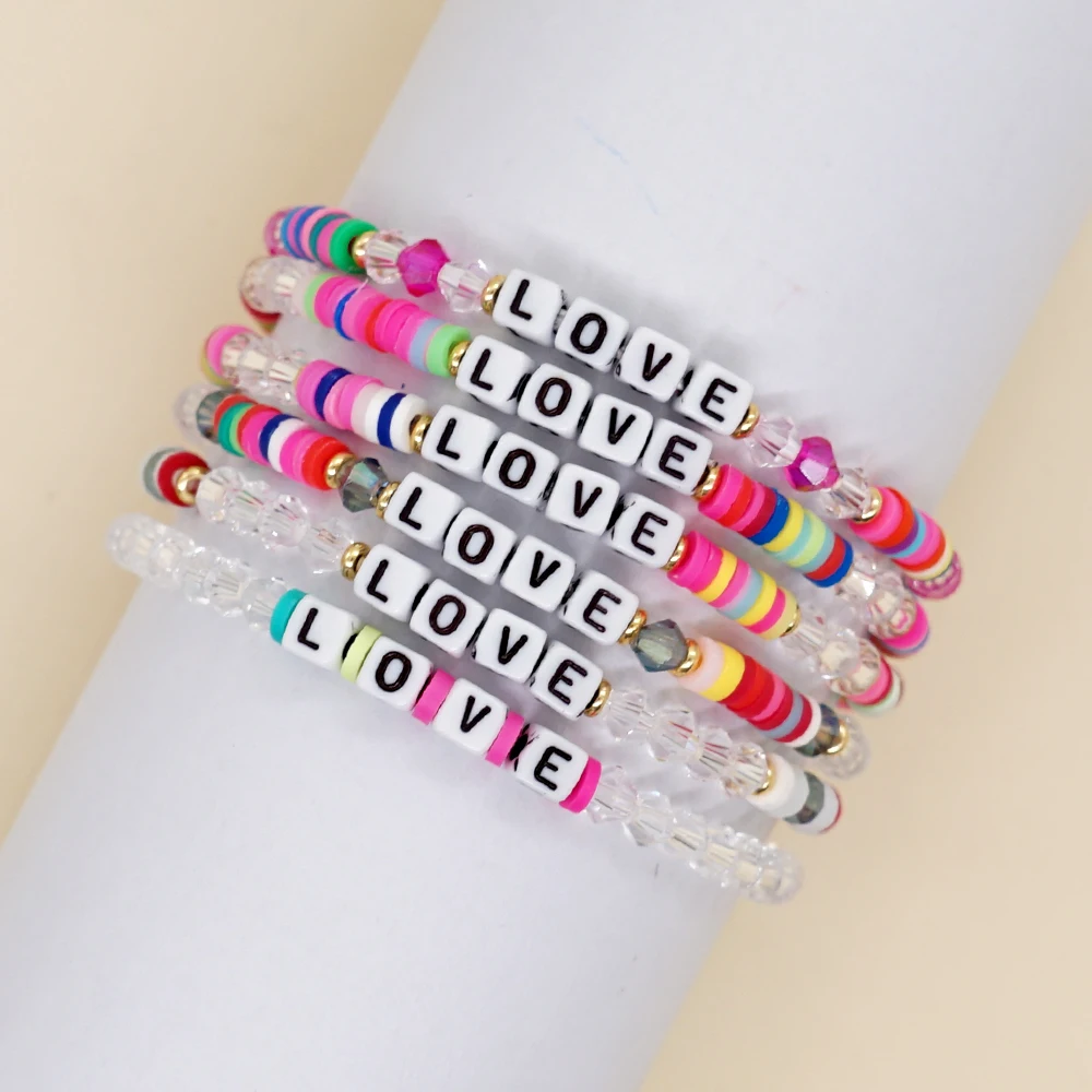 

Go2Boho LOVE Letter Bracelets Crystal Clear Beaded Polymer Clay Valentine's Bracelet For Women Jewelry Stacking Pulseras