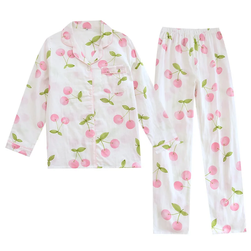 

Pure Cotton Gauze Spring Autumn Long-sleeved Pajamas Ladies Korean Style Plus Size Thin Home Clothes Peach Print Two-piece Suit