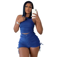sexy crop top camisole shorts bodycon suit 2022 summer women 2 piece set tracksuit solid color drawstring sport suit for women