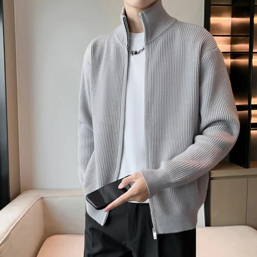 Базовый мужской свитер стильный на молнии пальто с воротником-стойкой вязаный