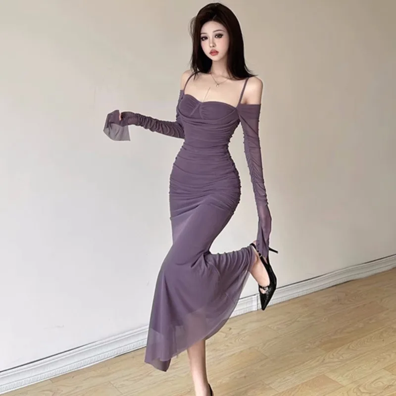 Осенние сексуальные сетчатые облегающие платья для женщин с открытыми плечами