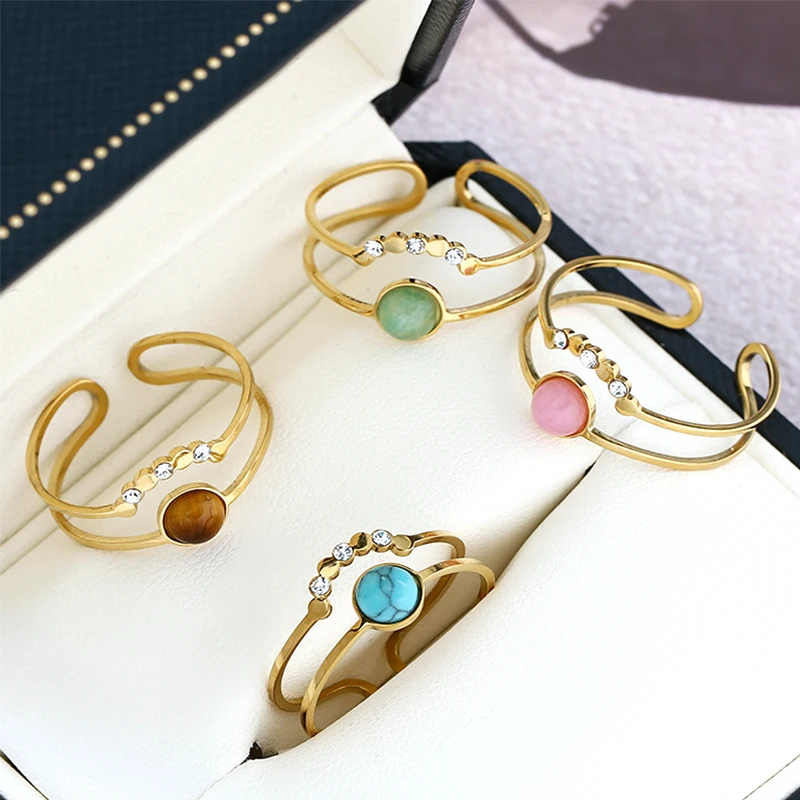 

Zircon Diamond Adjustable Opening Rings for Women Bohemian Gold Plated Stainless Steel Finger Rings Fashion Jewelry Gifts