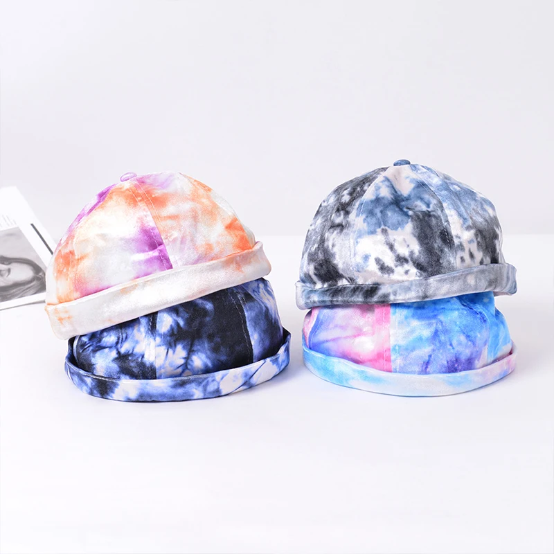 

New Unisex Tie-dye Docker Cap Men Hip-hop Brimless Dome Melon Hat Personality Women Outdoor Adjustable Rolled Visor Skull Caps