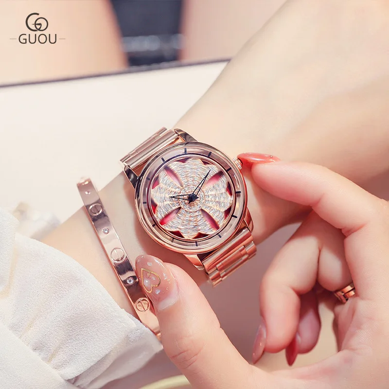 Fashion Round Quartz Swivel Four-Leaf Clover Dial Casual Watch Stainless Strap Fashionable Clock Waterproof Wristwatch for Women