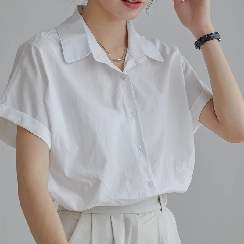 

Chiffon Women's Blouse White Casual Shirt Fashion Short Sleeve Summer Elegant Top 2022 Female Clothing Turn-down Collar Cotton