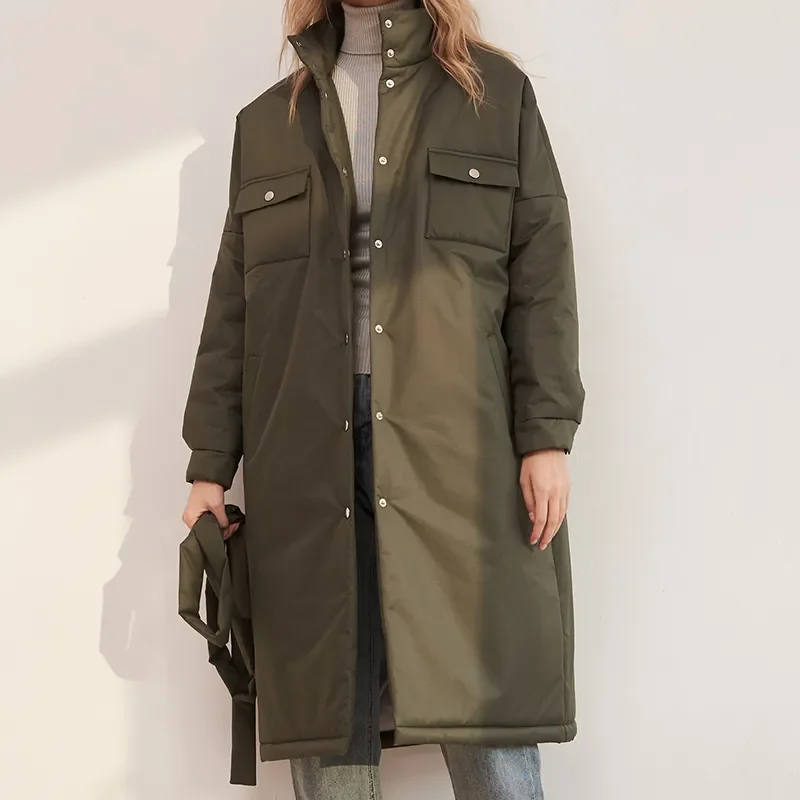 Spring Single Breasted Parkas Women Fashion Stand Collar Coat Women Solid Tie Belt Simple Cotton Jackets Female Ladies