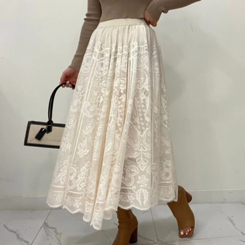 

Vintage Minority Temperament Design Sense Lace Hook Flower Elastic High Waist Long Skirt Skirts Women Fashion 2023 Traf Womens