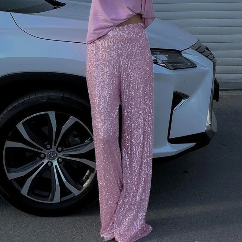 

Брюки женские повседневные с завышенной талией и широкими штанинами, модные офисные элегантные прямые длинные брюки с блестками и высокой талией для сцены