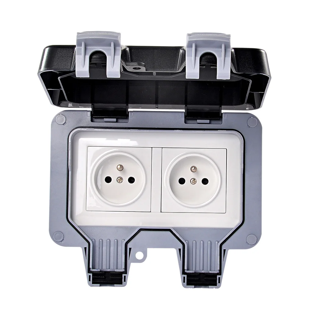 

Bathroom Waterproof Two Gang Double Switched Socket IP66 Grade Outdoor Power Wall Outlet EU Plug German Type