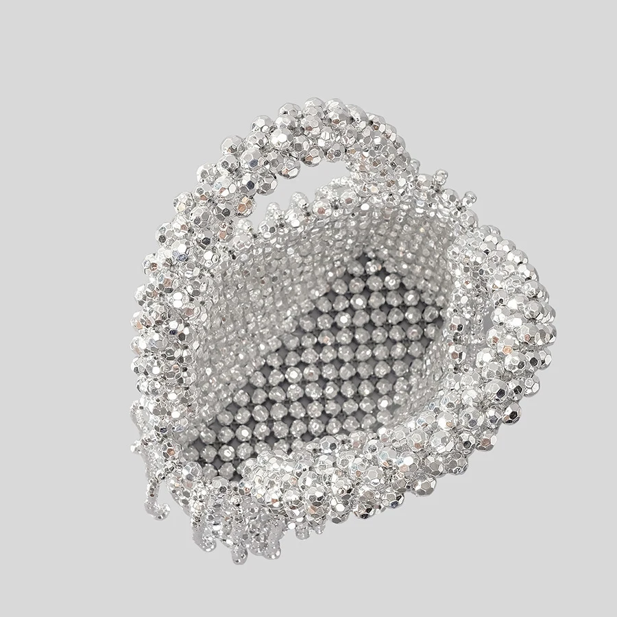 Fashion Acrylic Beading Tassel Women Handbags Silver Beaded Handbags Handmade Woven Summer Beach Small Tote Party Purses 2023