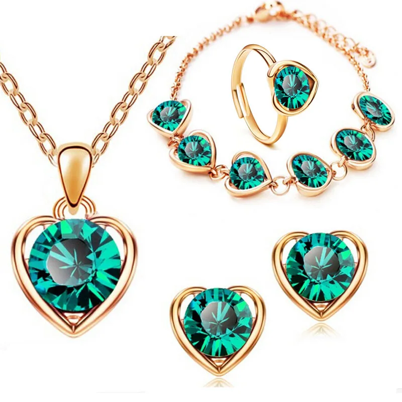 

4pcs/set Green Gemstone Jewelry Set Necklace Earrings Rings Bracelet Sets For Women Romantic Heatr Jewelry Set Wholesale
