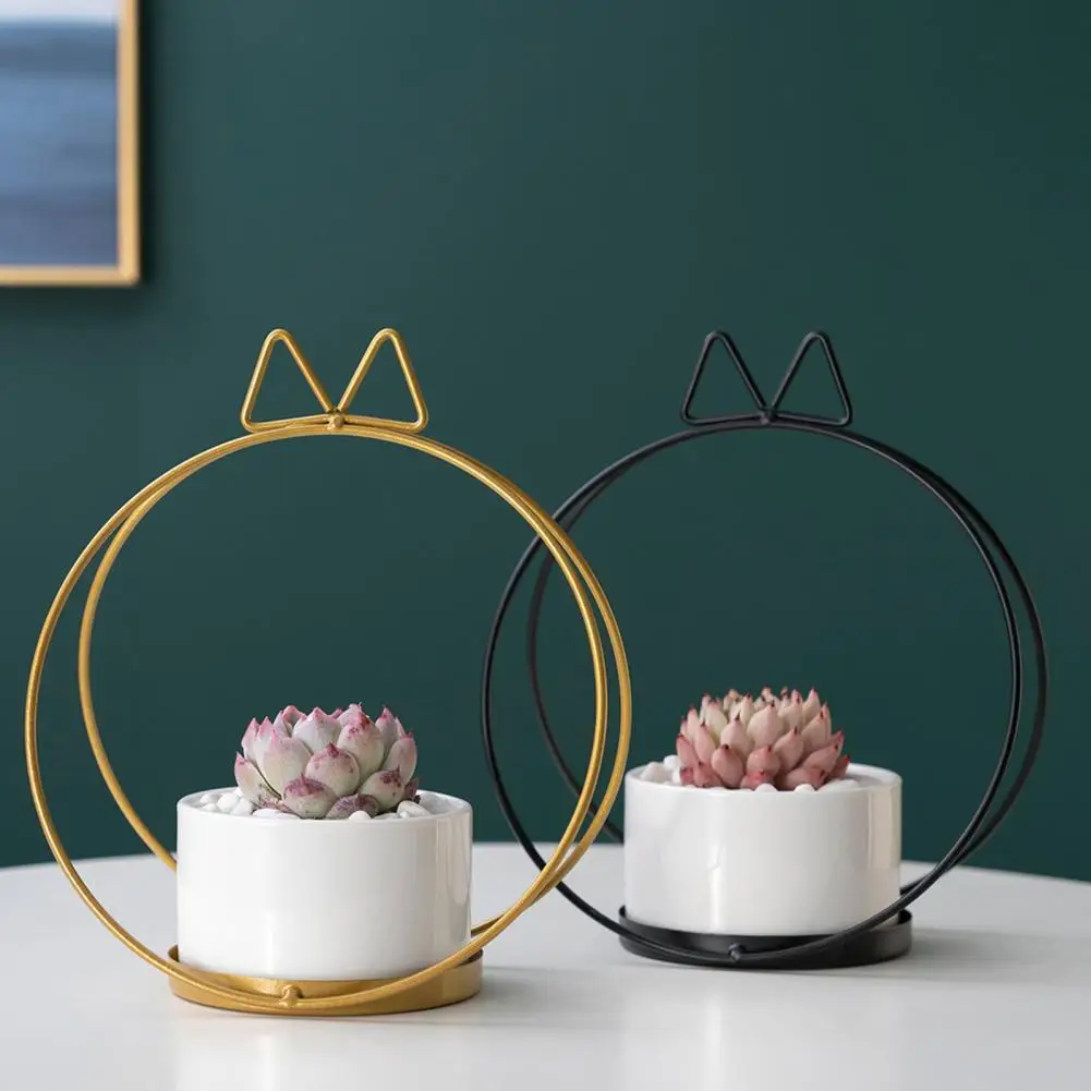 

Flower Planter Nordic Style Cat Ear Design Small Size Round Plant Pot with Iron Frame Shelf for Desktop
