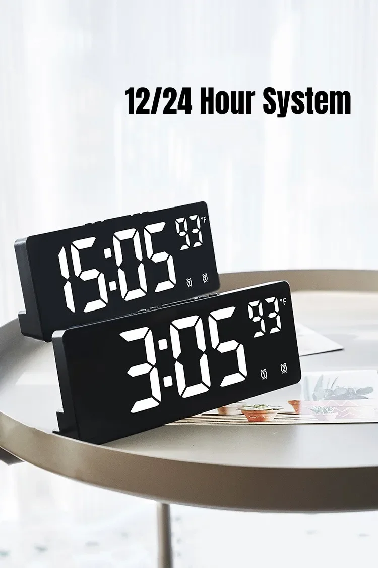 Desktop Clock Temperature Dual Alarm 12/24H LED Desk Snooze Function Night Mode Digital Clocks Home Decor Garden