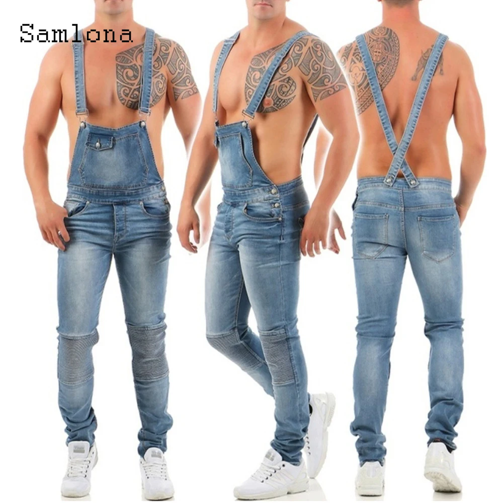 Samlona Plus Size Men's Patchwork Jeans Sexy Fashion Denim Pants Casual Suspender Demin Rompers 2022 Summer Frayed Jean Overalls