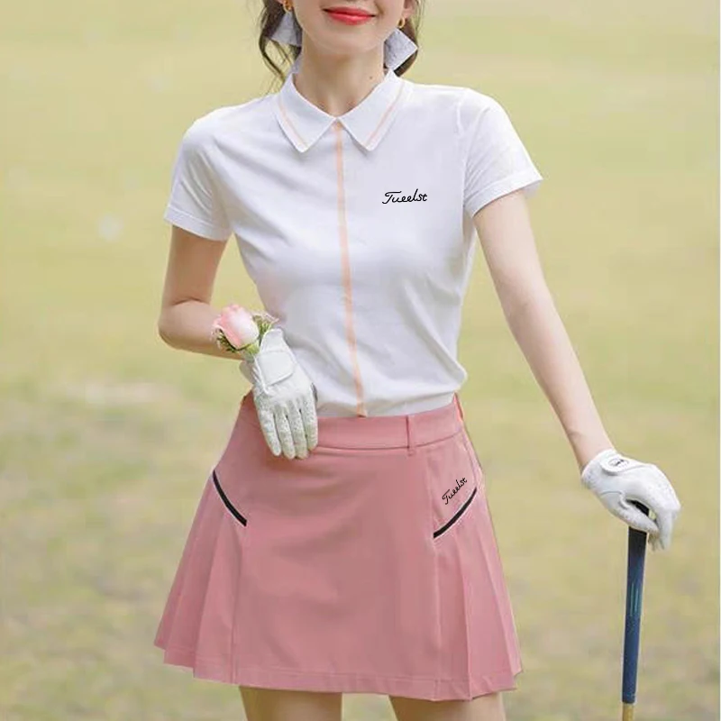

Ladies Summer Golf T-shirt + Skirt Women's Solid Color Short Sleeve Age Reducing Sports High Waist Golf Pleated Skirts