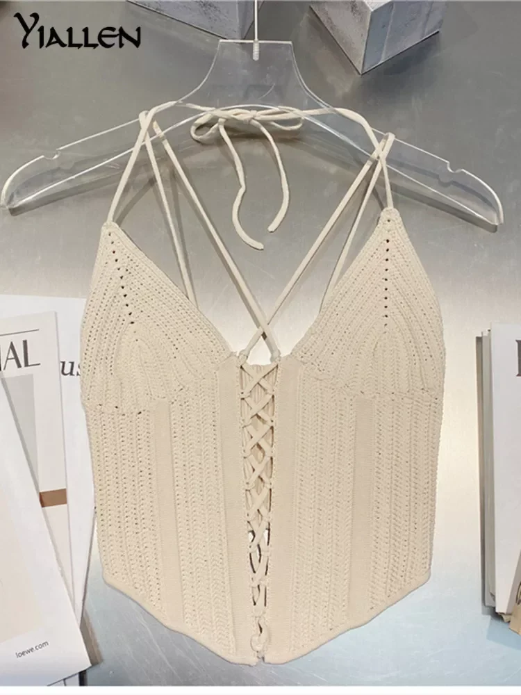 

Yiallen Spring Summer Women 2022 New Knitted Bandage V-neck Halter Elasticity Camis New Arrivals Sexy Temperament Fashion Hot