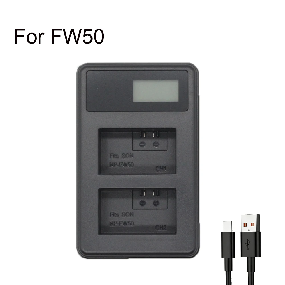 Фото Двухканальное зарядное устройство NP-FW50 с ЖК-экраном для Sony ZV-E10 A7 A7R A7S A6000 A6300 A6400 A6500 NEX-5 DSC-RX10 NEX-6 NEX-7 SLT-A37 №1