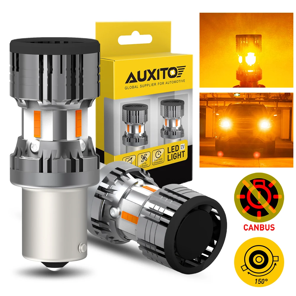 

Светодиодная лампа указателя поворота AUXITO 1156 PY21W Bau15s Canbus, янтарная, 12 В, без ошибок, без Hyperflash светодиодный BA15S W21W WY21W 1860SMD, 1800 лм, 2 шт.