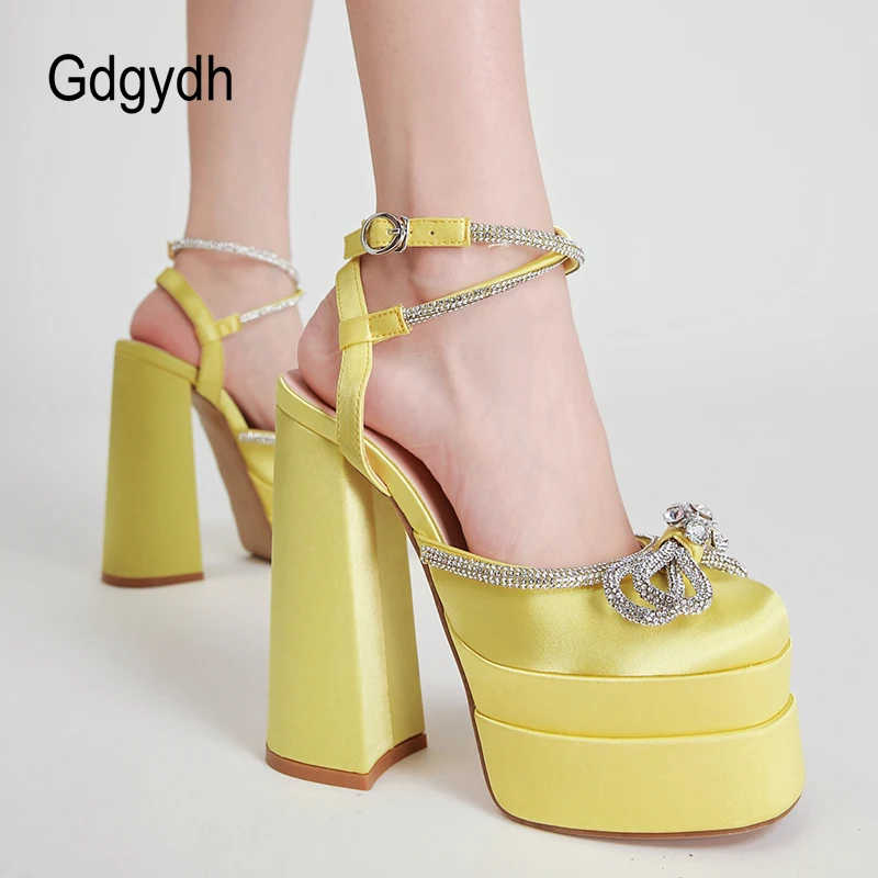 Gdgydh Platform Heels for Women Closed Toe Block Heels Rhinestone Heeled Sandals Bow Ankle Strap Buckles Dress Women Pumps