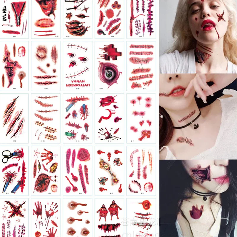 

HEALLOR 30 шт., наклейки на Хэллоуин, искусственные тату-наклейки со шрамами, тату-наклейки со шрамами, водостойкие реалистичные татуировки