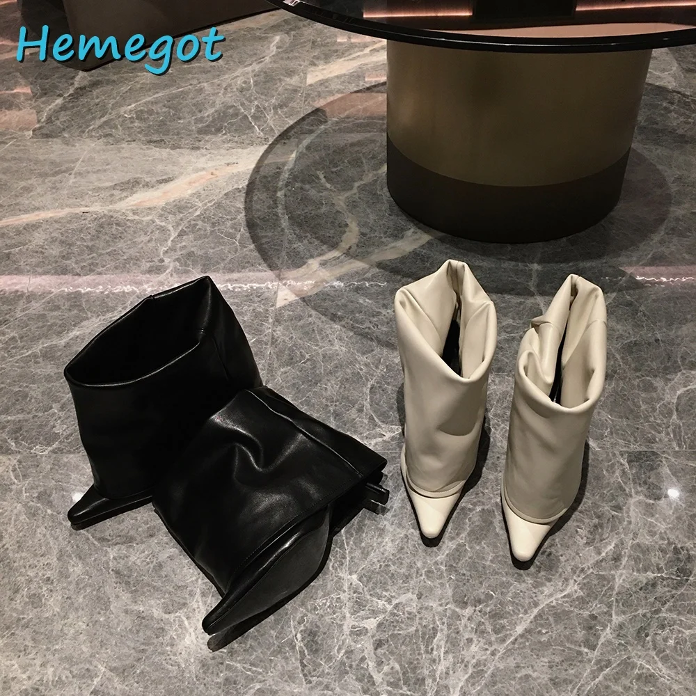 

Pointed Toe Women Modern Boots Turned-over Edge Mid Calf Winter Booties Stiletto Heel Slip On Fashion Ladies Shoes New Arrivals