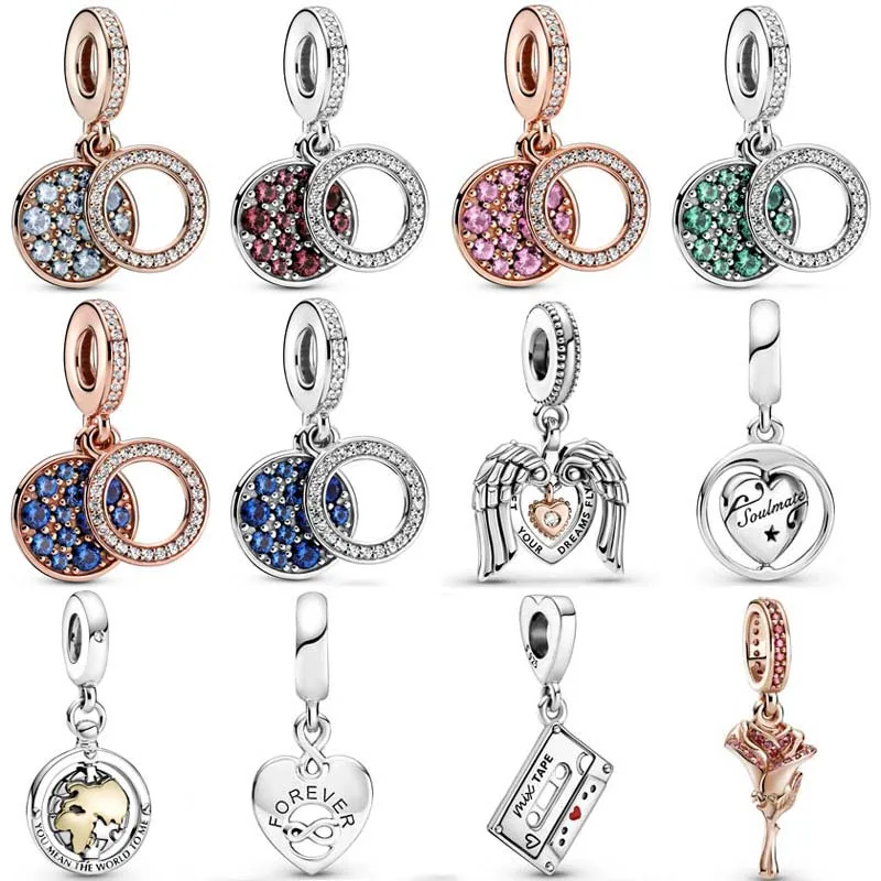 

925 Sterling Silver Sparkling Disc Double Angel Wings Mean World Pendant Charm Bracelet for Women DIY High Jeweler