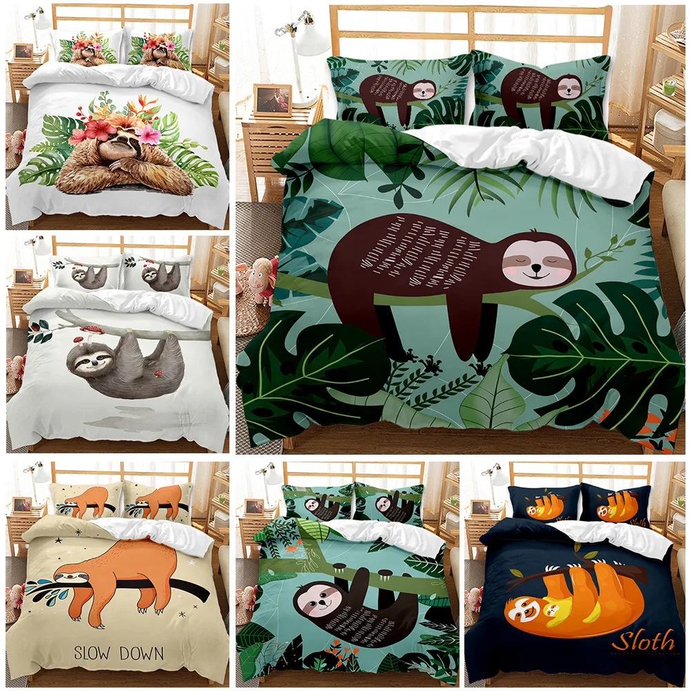 Juego de cama con estampado de perezoso de animales, funda de almohada de edredón de tamaño US/AU/UK, decoración del hogar, Textiles para el hogar, 2-3 piezas