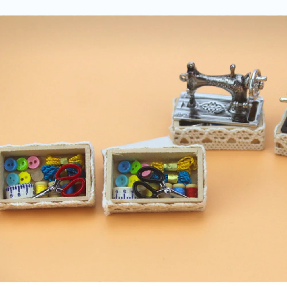

1/12 BJD Doll Dollhouse DIY Simulation Sewing Machine Sewing Box Tools Set Miniature Items Button Dolls House Accessories Toys