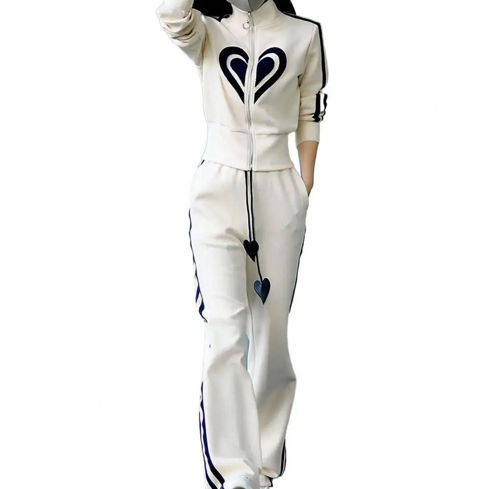 

Women Coat Pants Set Stylish Women's Sport Outfit Heart Print Sweatshirt Coat Wide Leg Pants Set for Autumn/winter Sweatshirt