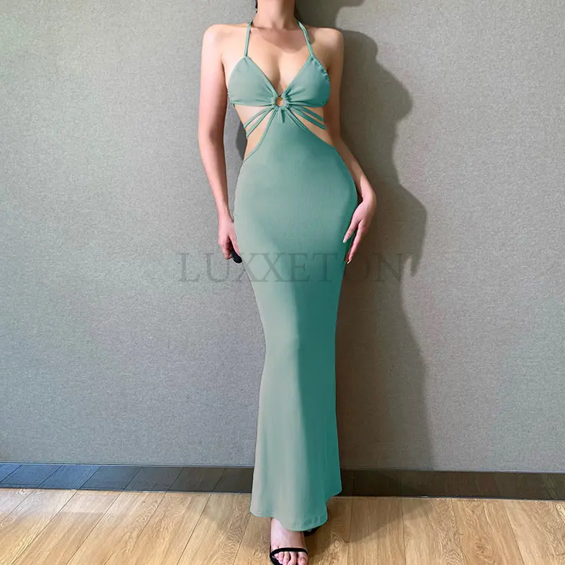 

Sexy Summer Vacation Outfits Knitted Halter Maxi Dresses for Women Elegant Dress Sets Holiday Beach Sundresses