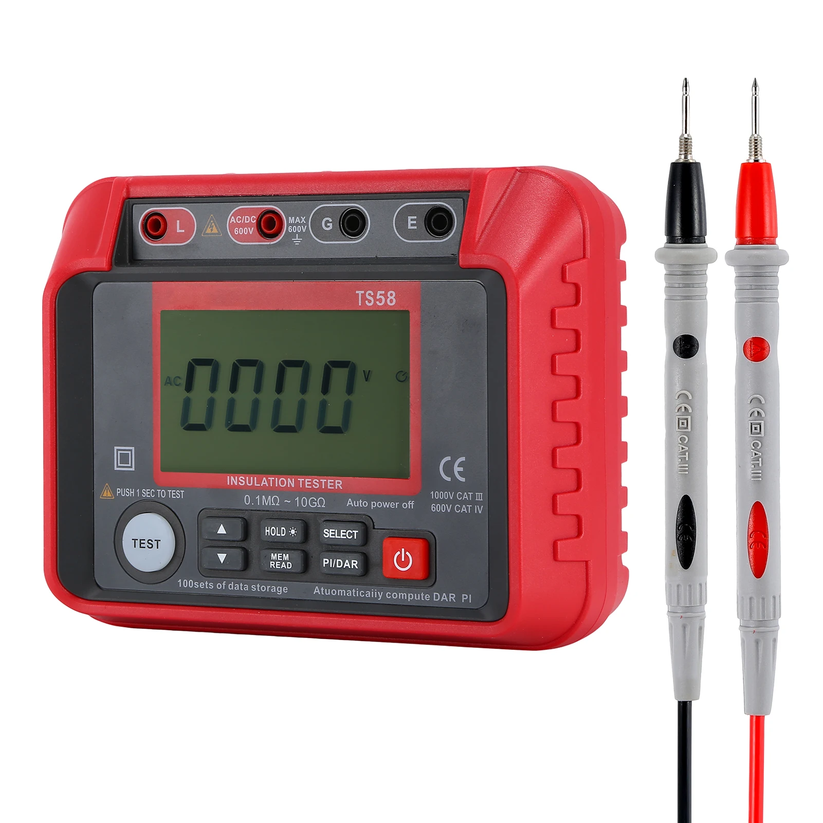 

TS58 Digital Insulation Resistance Tester With LCD Backlit Display AC DC DAR PI Index Insulated Resistance Meter Kit Zipper Bag