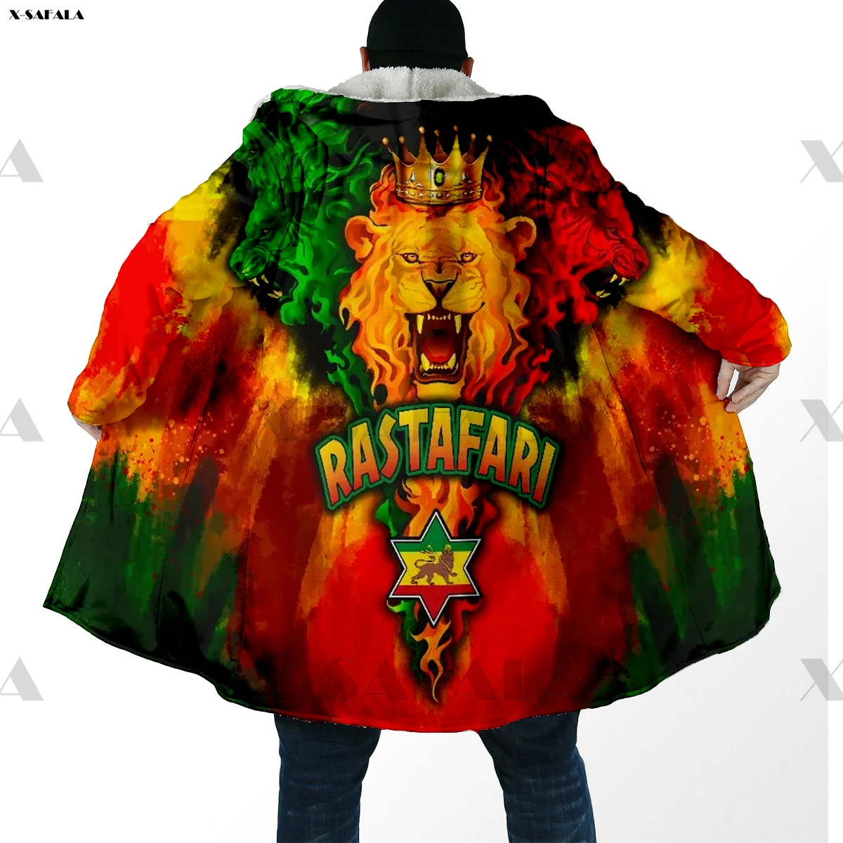 

Rastafari Reggae Lion Power Print Hoodie Long Hooded Blanket Cloak Quilted Winter Warm Cashmere Fleece