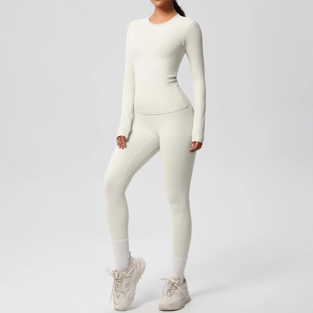 Фото JUREN 2PCS Спортивный костюм для йоги, женский спортивный комплект, женский тренажерный костюм, спортивная одежда для бега и тренировок, футболка с длинным рукавом, одежда для йоги. №4