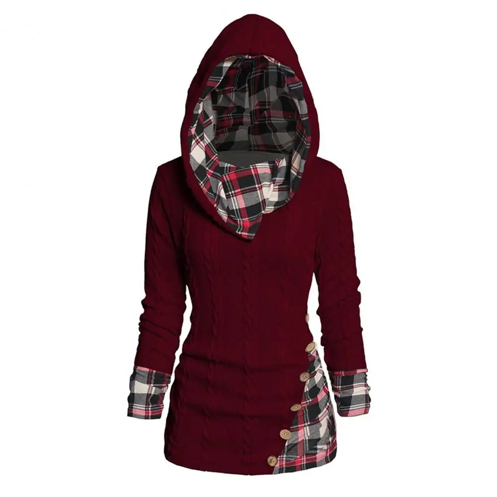 

Female Hooded Sweater Chic Mid-length Hoodie Vintage Patchwork Plaid Twist Knit Sweater with Buttons Long Sleeve for Women