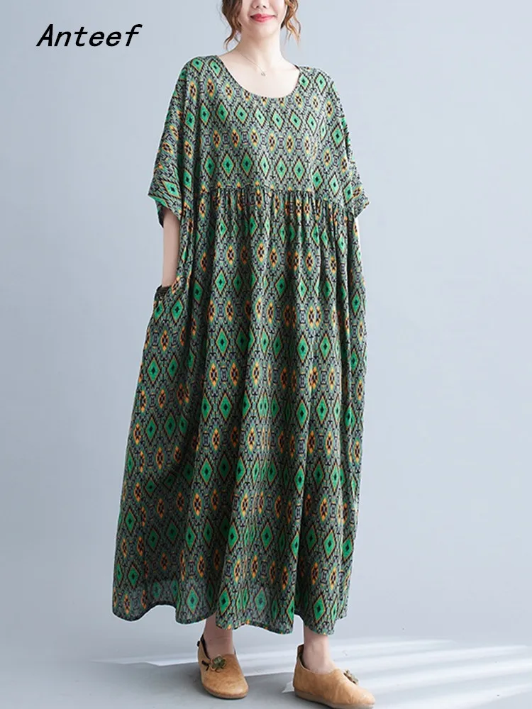 

Anteef short sleeve oversized cotton vintage floral dresses for women casual loose long summer dress elegant clothing 2022
