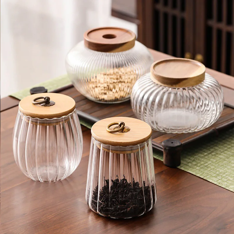 Wood Lid Glass Airtight Canister Kitchen Storage Bottles Jar Food Container Grains Pu'er Tea Can Coffee Beans Candy Jars