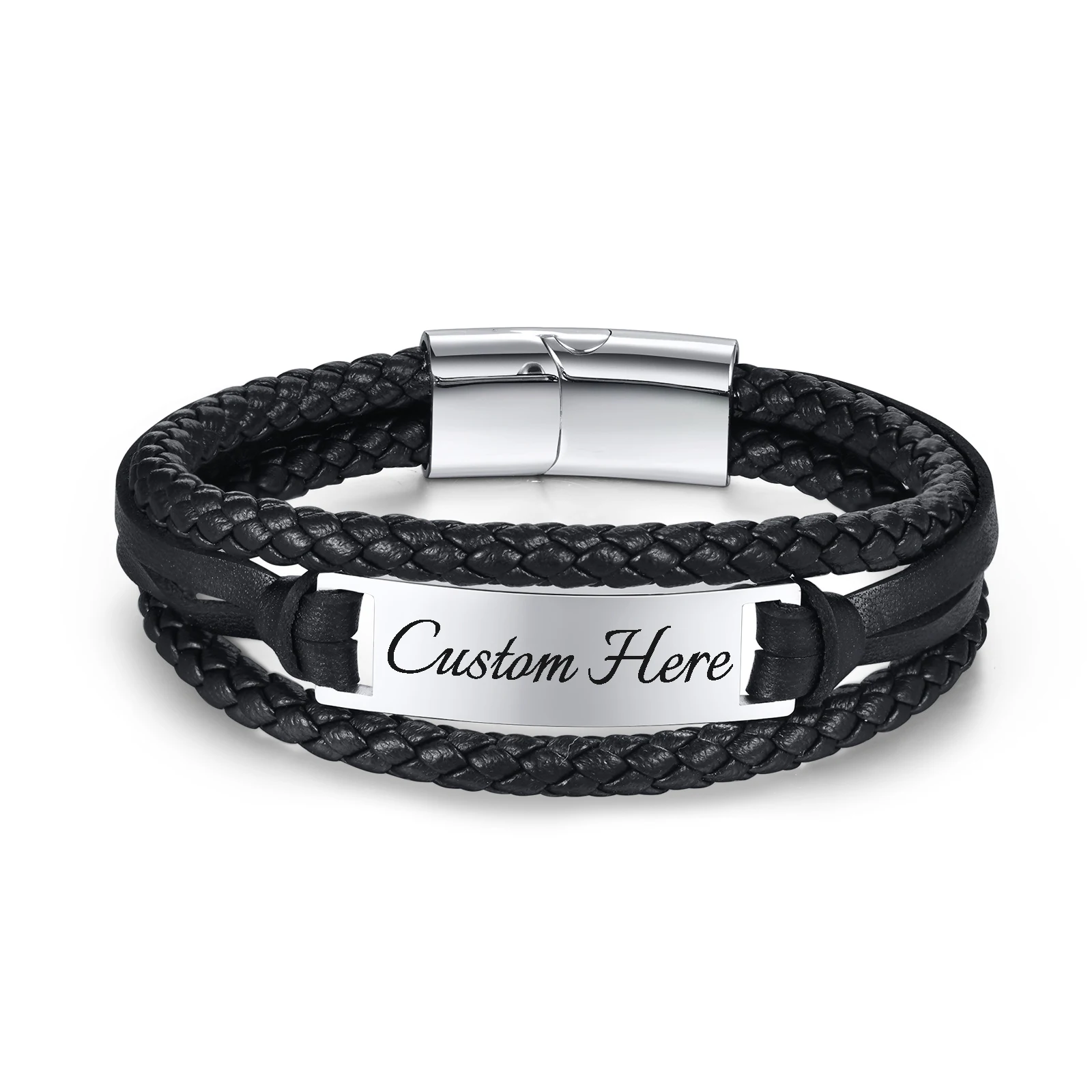 

Free Custom 3 Layers Hand-made Braided Rope Chain Bracelets for Men,Stylish Black Leather Wristband, Personalized Gifts for Him