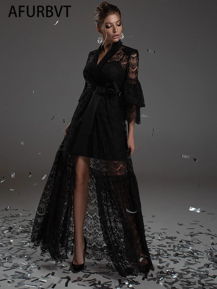 

Женское вечернее платье макси, черное кружевное соблазнительное длинное платье из тюля с рукавом-фонариком до пола и вышивкой, с V-образным ...