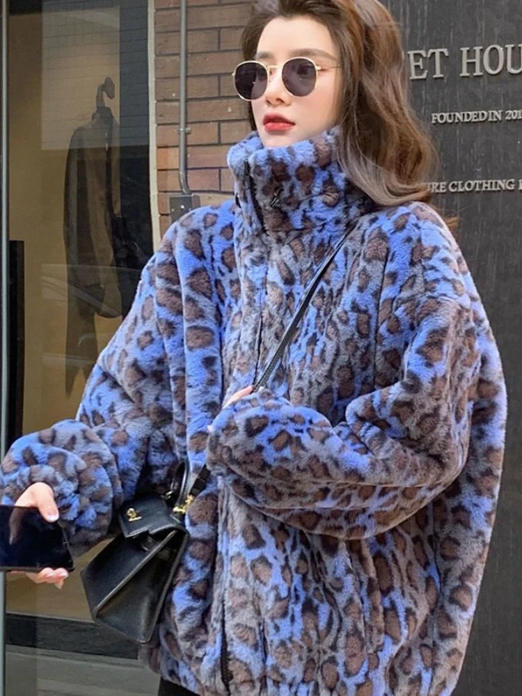 Vintage Leopard Blue Women Fur Coats Winter Turtleneck Zipper Long-Sleeved Thicken Warm Female Outwear Jackets Tops images - 6