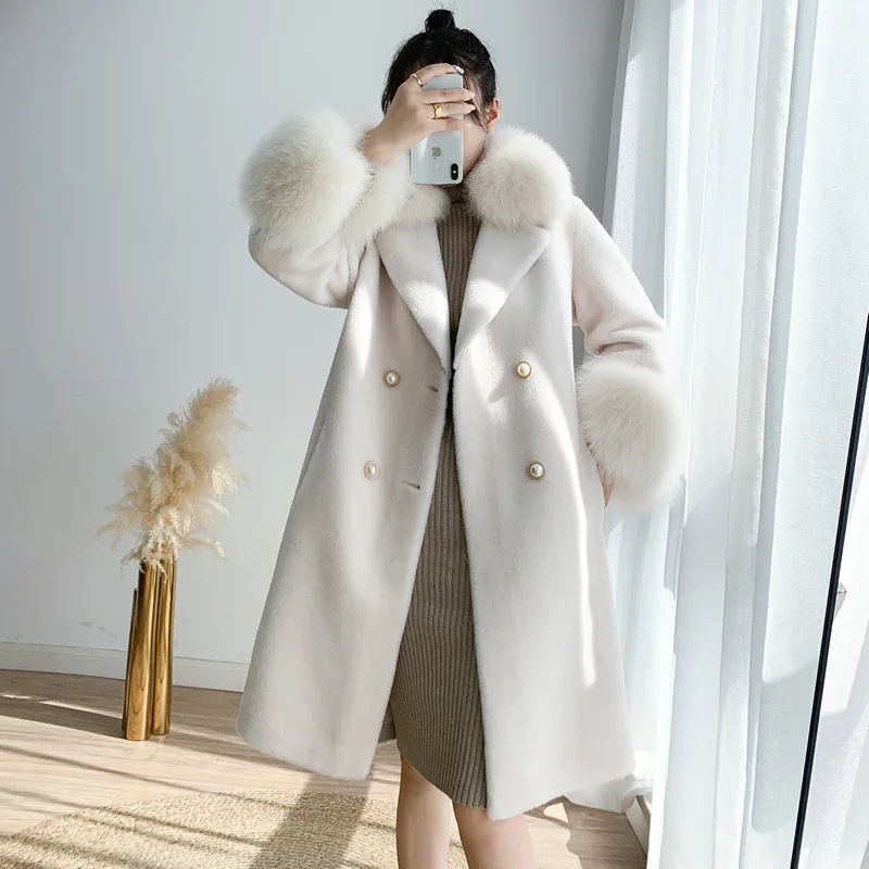 

Autumn and Winter Fashion New Grain Wool Composite Issue Sheep Sheared Fleece Coat Women's Fox Fur Grass Hooded Coat2023
