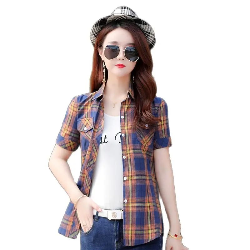 

Новинка, модная женская хлопковая клетчатая рубашка 3XL с коротким рукавом, модная облегающая женская Корейская Повседневная хлопковая офисная рубашка в колледском стиле