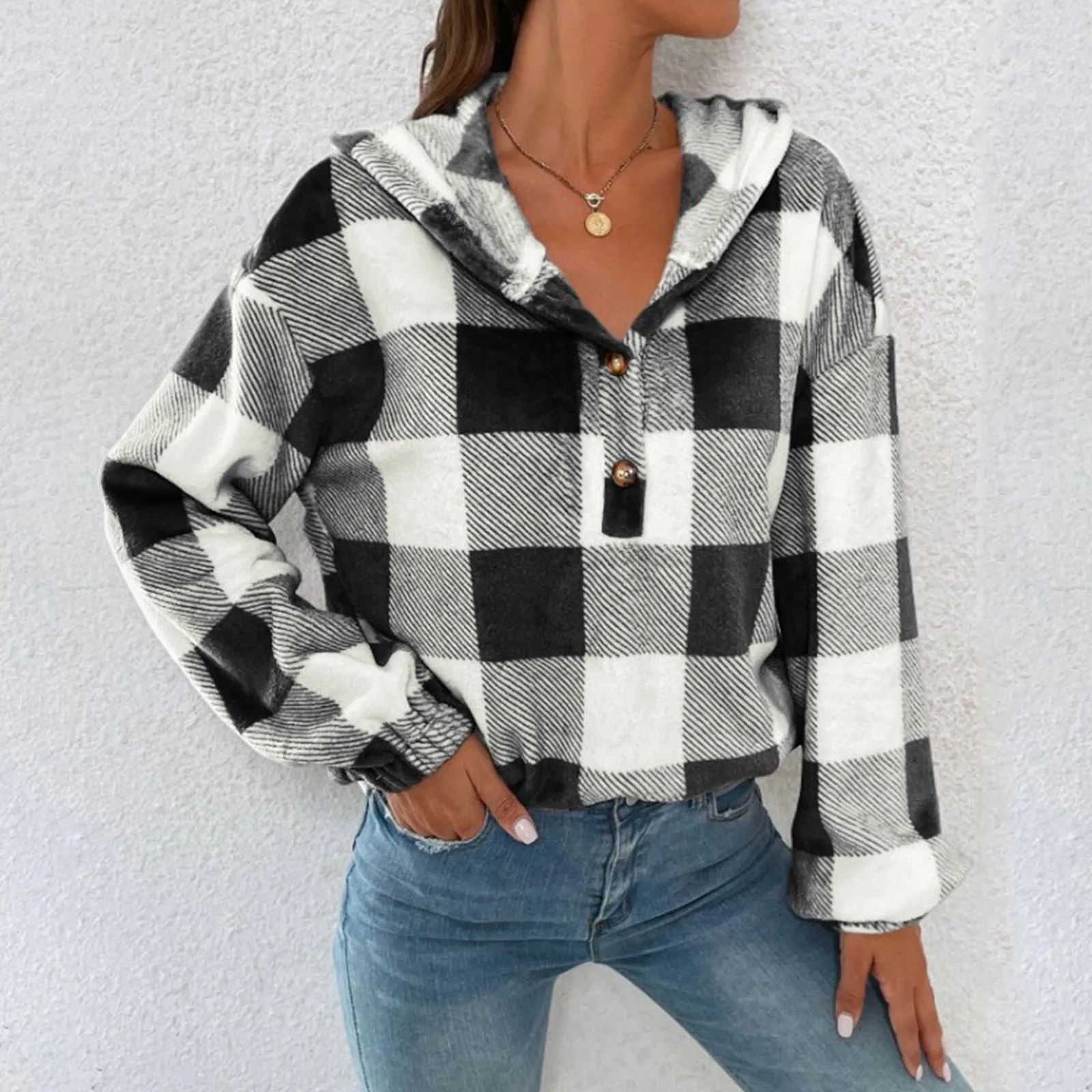 

Женский удобный осенне-зимний длинный пуловер в клетку с полуоткрытым воротником и пуговицами с капюшоном, рубашки, женские маленькие свитера