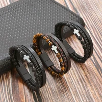 classic simple vintage alloy leather bracelet men punk style beaded braid wrapped multilayer set wristband bracelet accessories