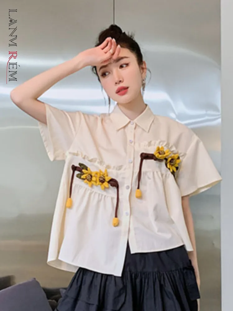 

LANMREM Daisy Floral Irregular Short Sleeve Shirt Turn-down Neck Loose Solid Color Top 2022 Summer Female Clothing 2I652