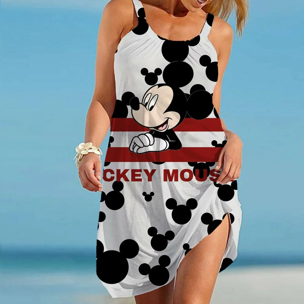 

Летнее женское платье с диснеевским Минни Микки Маусом, Повседневное платье без рукавов с круглым вырезом, трапециевидная юбка, Пляжное пла...